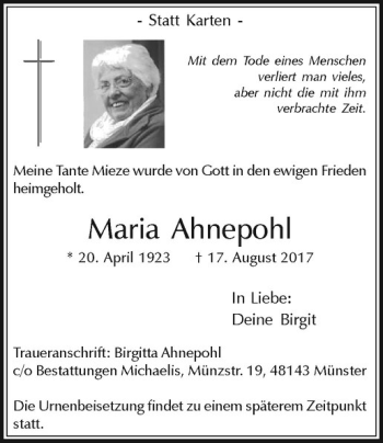 Anzeige von Maria Ahnepohl von Westfälische Nachrichten
