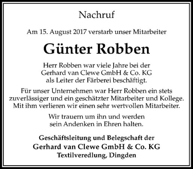  Traueranzeige für Günter Robben vom 25.08.2017 aus Westfälische Nachrichten