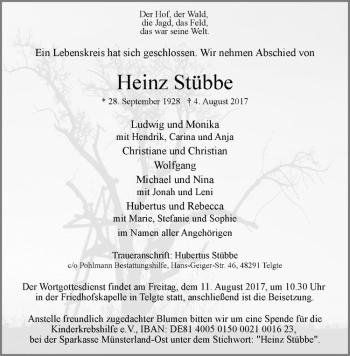 Anzeige von Heinz Stübbe von Westfälische Nachrichten