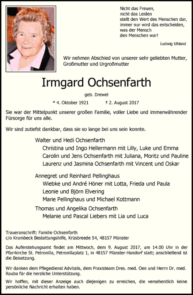  Traueranzeige für Irmgard Ochsenfarth vom 05.08.2017 aus Westfälische Nachrichten