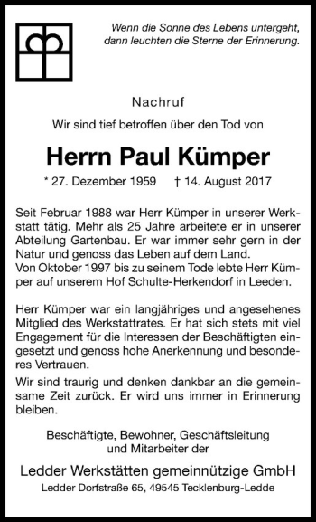 Anzeige von Paul Kümper von Westfälische Nachrichten