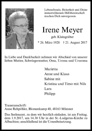 Anzeige von Irene Meyer von Westfälische Nachrichten