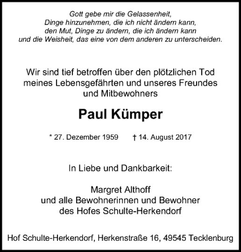  Traueranzeige für Paul Kümper vom 23.08.2017 aus Westfälische Nachrichten