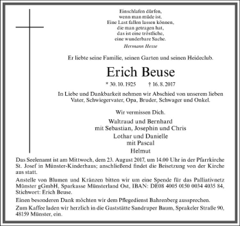 Anzeige von Erich Beuse von Westfälische Nachrichten