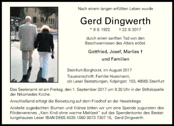 Anzeige von Gerd Dingwerth von Westfälische Nachrichten