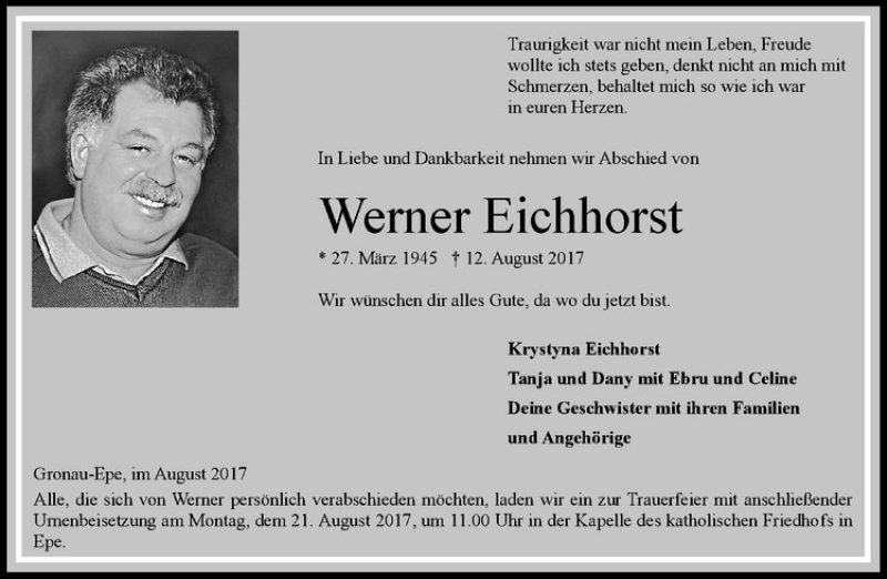  Traueranzeige für Werner Eichhorst vom 16.08.2017 aus Westfälische Nachrichten