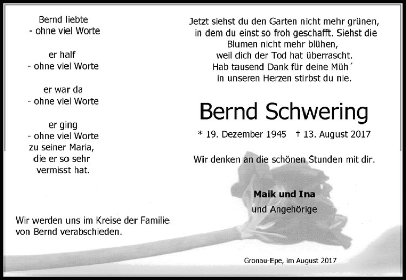  Traueranzeige für Bernd Schwering vom 17.08.2017 aus Westfälische Nachrichten