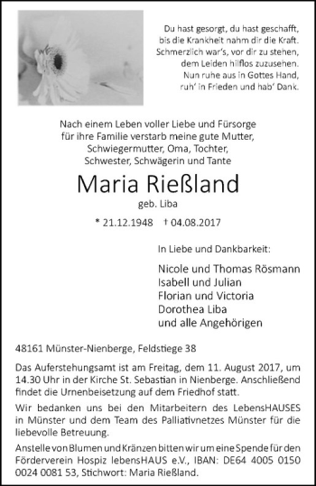 Anzeige von Maria Rießland von Westfälische Nachrichten