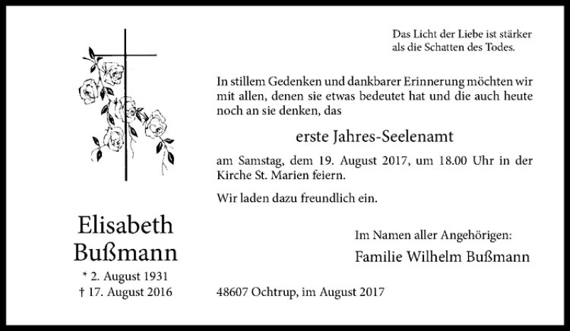  Traueranzeige für Elisabeth Bußmann vom 17.08.2017 aus Westfälische Nachrichten
