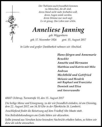 Anzeige von Anneliese Janning von Westfälische Nachrichten
