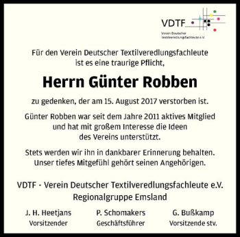 Anzeige von Günter Robben von Westfälische Nachrichten