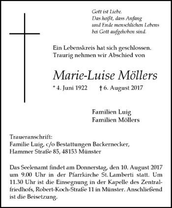 Anzeige von Marie-Luise Möllers von Westfälische Nachrichten