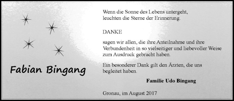  Traueranzeige für Fabian Bingang vom 12.08.2017 aus Westfälische Nachrichten