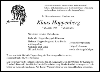 Anzeige von Klaus Hoppenberg von Westfälische Nachrichten