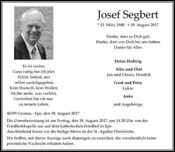 Anzeige von Josef Segbert von Westfälische Nachrichten