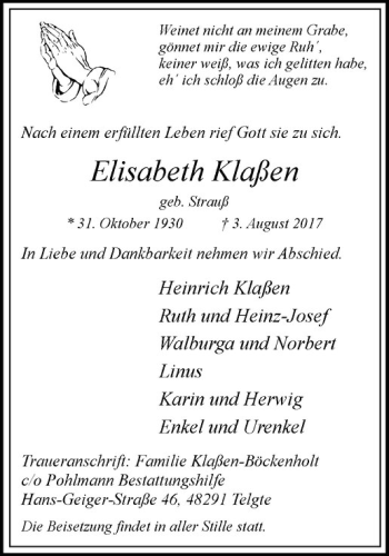 Anzeige von Elisabeth Klaßen von Westfälische Nachrichten