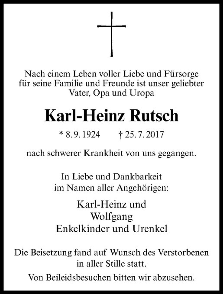  Traueranzeige für Karl-Heinz Rutsch vom 05.08.2017 aus Westfälische Nachrichten