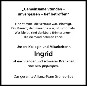 Anzeige von Ingrid Wiedkamp-Bühner von Westfälische Nachrichten