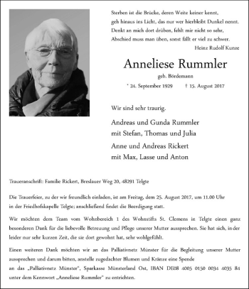Anzeige von Anneliese Rummler von Westfälische Nachrichten