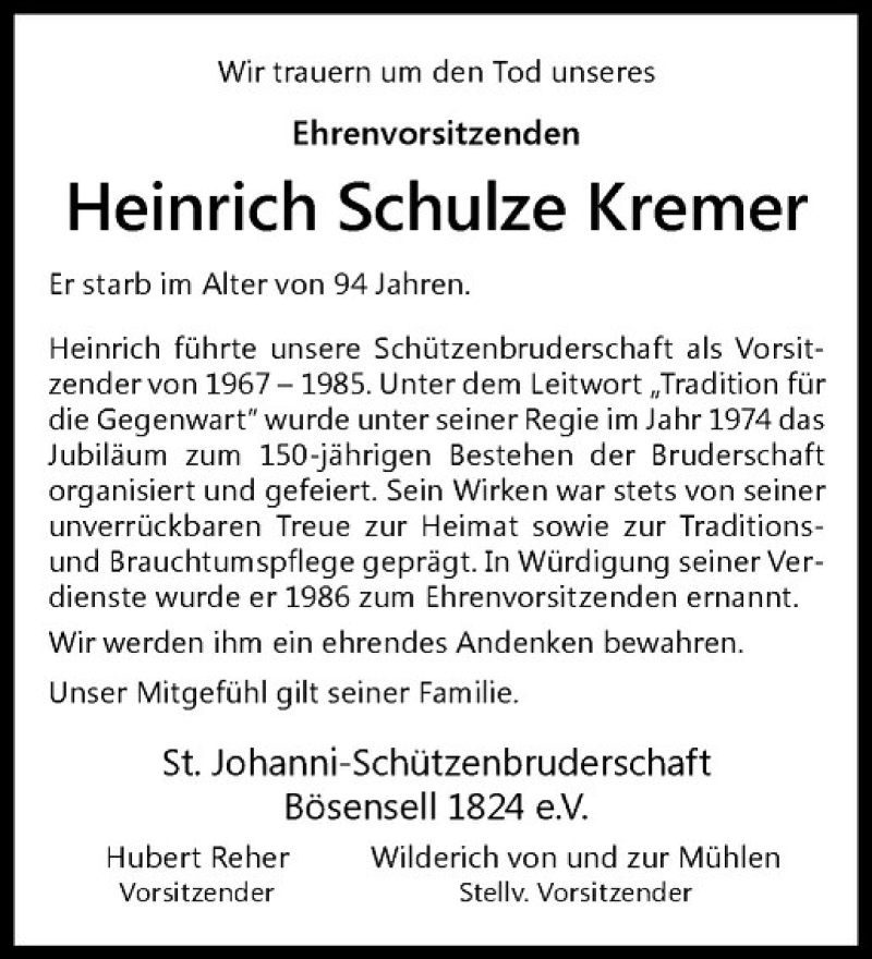  Traueranzeige für Heinrich Schulze Kremer vom 18.08.2017 aus Westfälische Nachrichten