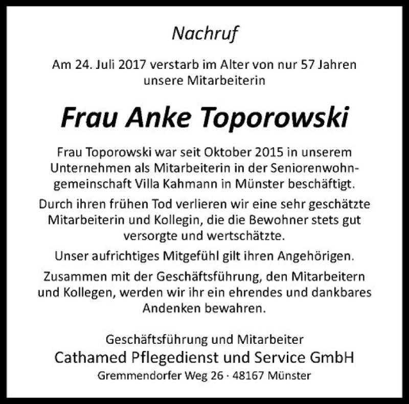  Traueranzeige für Anke Toporowski vom 05.08.2017 aus Westfälische Nachrichten