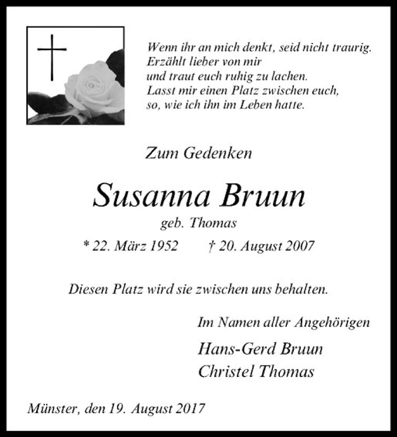  Traueranzeige für Susanna Bruun vom 19.08.2017 aus Westfälische Nachrichten