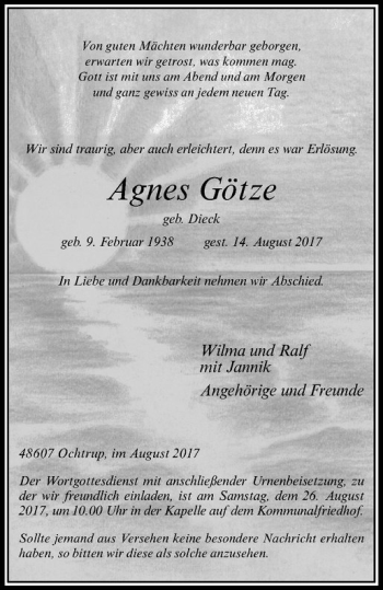 Anzeige von Agnes Götze von Westfälische Nachrichten