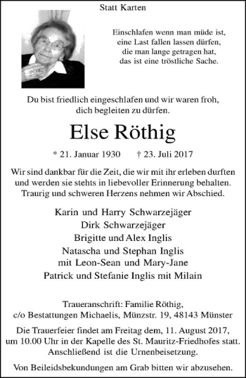 Anzeige von Else Röthig von Westfälische Nachrichten