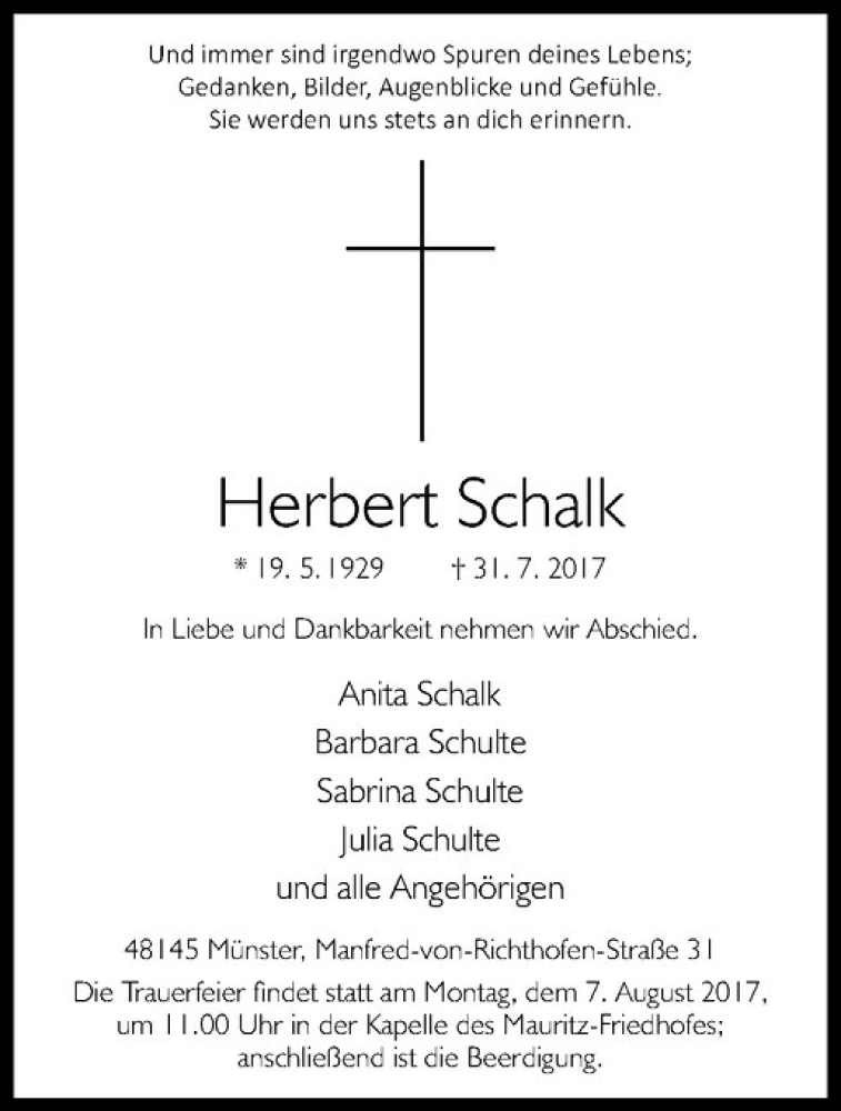  Traueranzeige für Herbert Schalk vom 03.08.2017 aus Westfälische Nachrichten