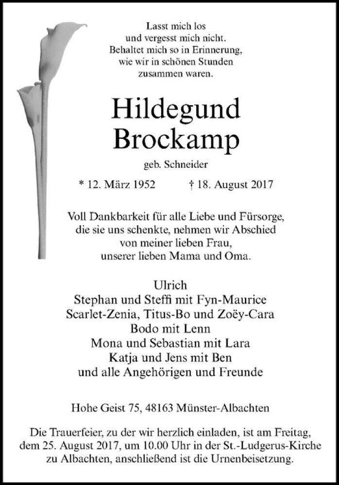  Traueranzeige für Hildegund Brockamp vom 22.08.2017 aus Westfälische Nachrichten