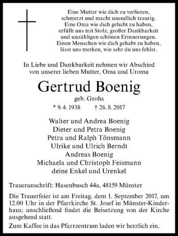 Anzeige von Gertrud Boenig von Westfälische Nachrichten