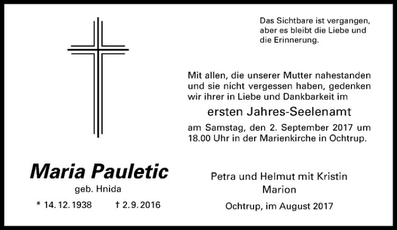  Traueranzeige für Maria Pauletic vom 30.08.2017 aus Westfälische Nachrichten