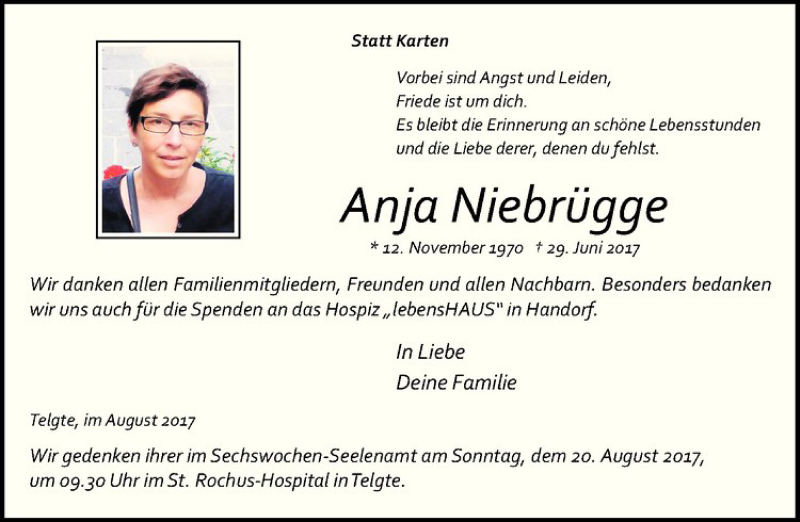  Traueranzeige für Anja Niebrügge vom 12.08.2017 aus Westfälische Nachrichten