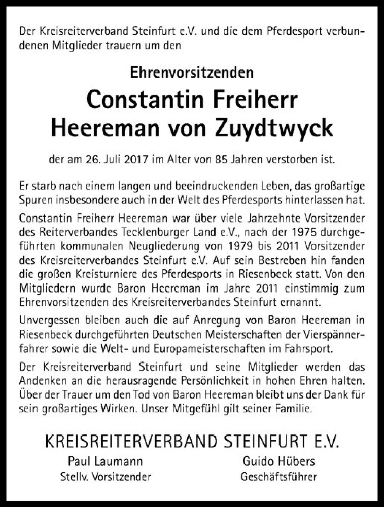  Traueranzeige für Constantin Freiherr Heereman von Zuydtwyck vom 05.08.2017 aus Westfälische Nachrichten