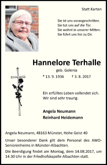 Anzeige von Hannelore Terhalle von Westfälische Nachrichten