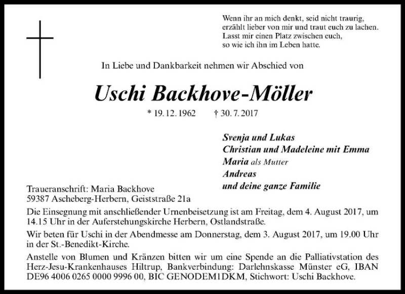  Traueranzeige für Uschi Backhove-Möller vom 02.08.2017 aus Westfälische Nachrichten