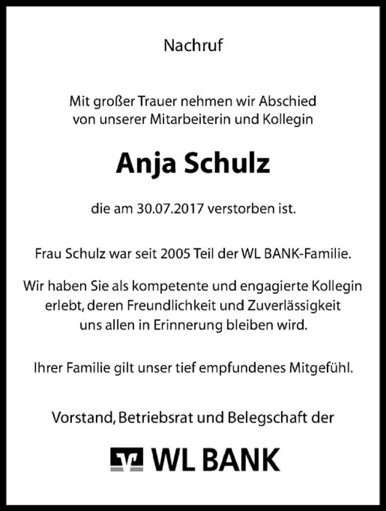  Traueranzeige für Anja Schulz vom 04.08.2017 aus Westfälische Nachrichten