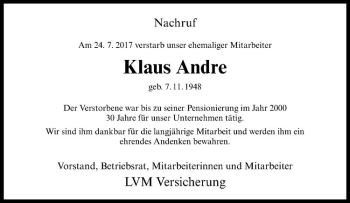 Anzeige von Klaus André von Westfälische Nachrichten
