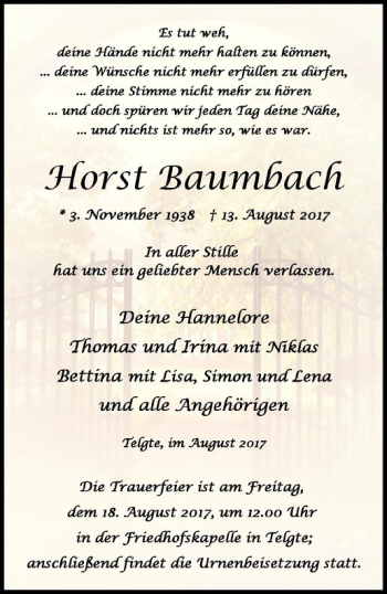 Anzeige von Horst Baumbach von Westfälische Nachrichten