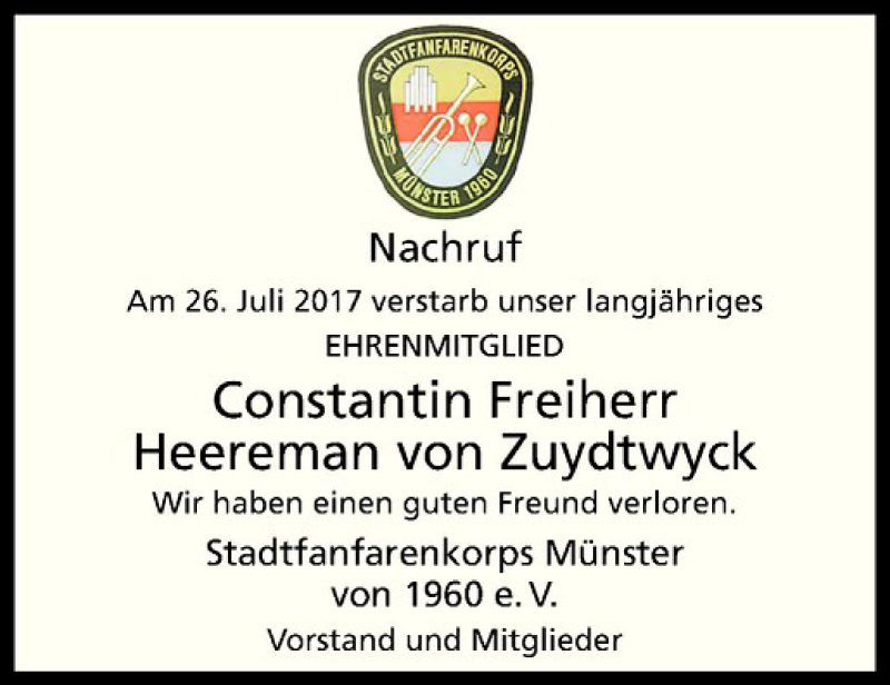  Traueranzeige für Constantin Freiherr Heereman von Zuydtwyck vom 12.08.2017 aus Westfälische Nachrichten