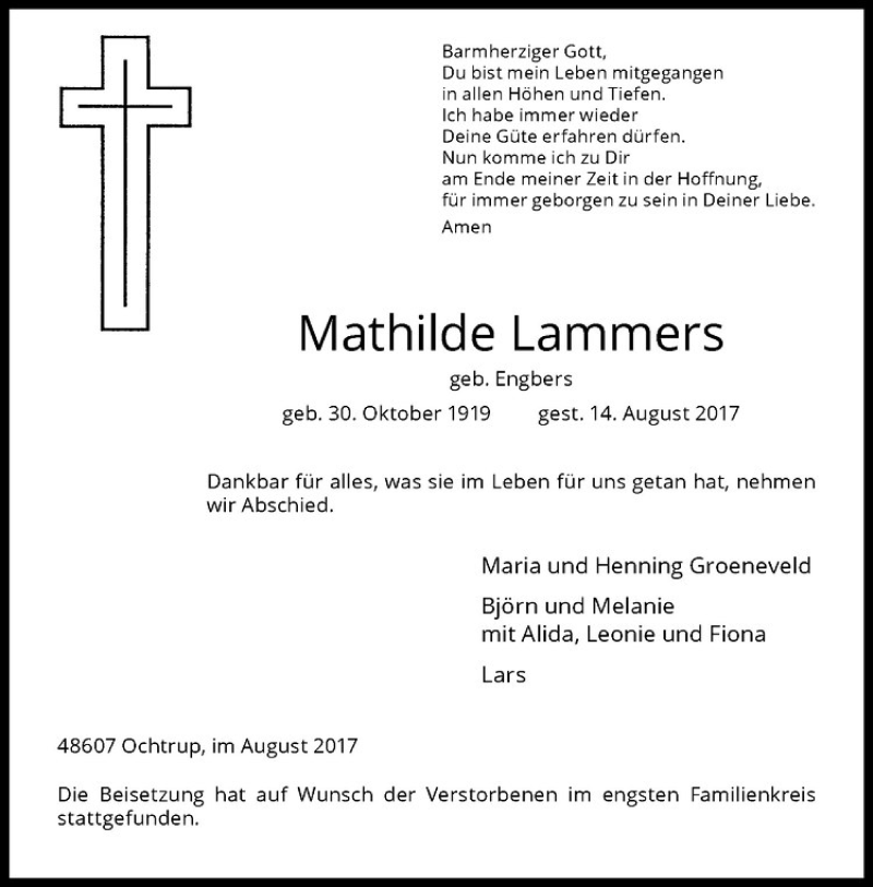  Traueranzeige für Mathilde Lammers vom 23.08.2017 aus Westfälische Nachrichten