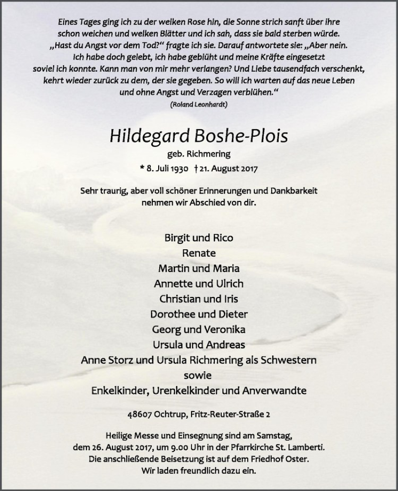  Traueranzeige für Hildegard Boshe-Plois vom 23.08.2017 aus Westfälische Nachrichten