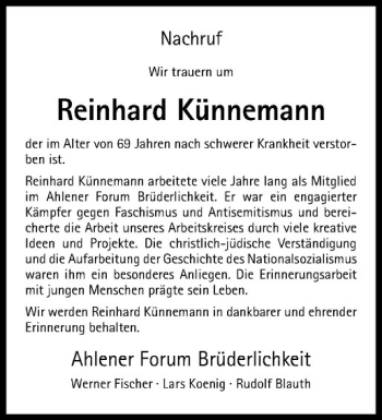 Anzeige von Reinhard Künnemann von Westfälische Nachrichten