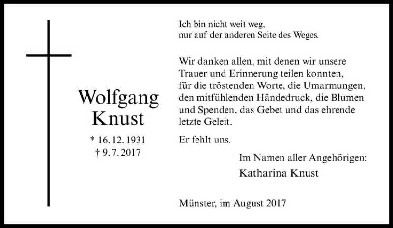  Traueranzeige für Wolfgang Knust vom 12.08.2017 aus Westfälische Nachrichten