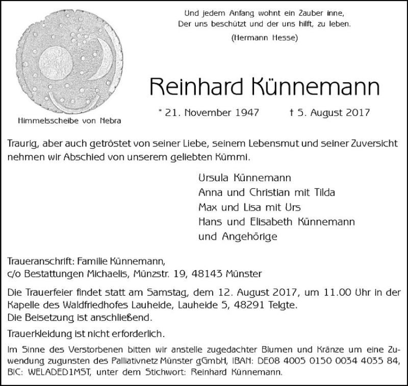  Traueranzeige für Reinhard Künnemann vom 10.08.2017 aus Westfälische Nachrichten