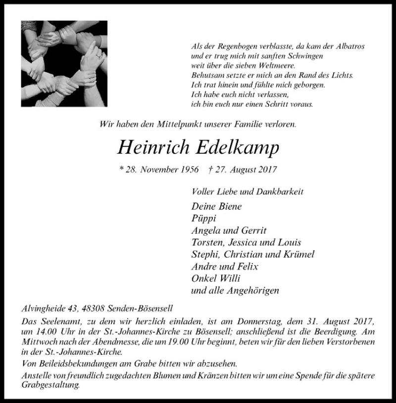 Traueranzeige für Heinrich Edelkamp vom 29.08.2017 aus Westfälische Nachrichten