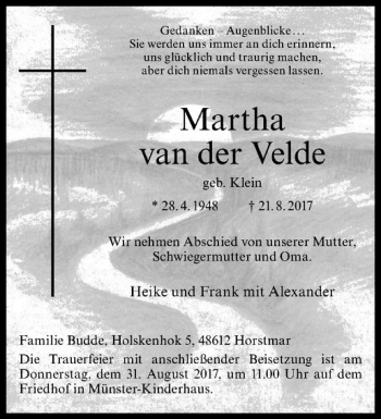 Anzeige von Martha van der Velde von Westfälische Nachrichten