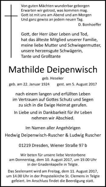 Anzeige von Mathilde Deipenwisch von Westfälische Nachrichten