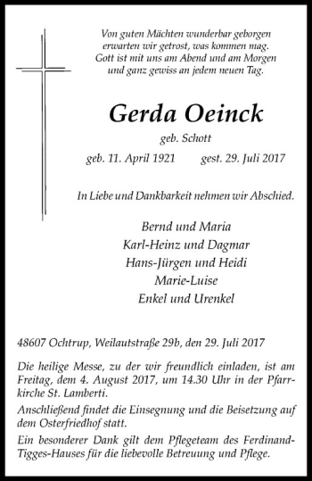Anzeige von Gerda Oeinck von Westfälische Nachrichten