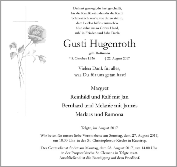 Anzeige von Gusti Hugenroth von Westfälische Nachrichten